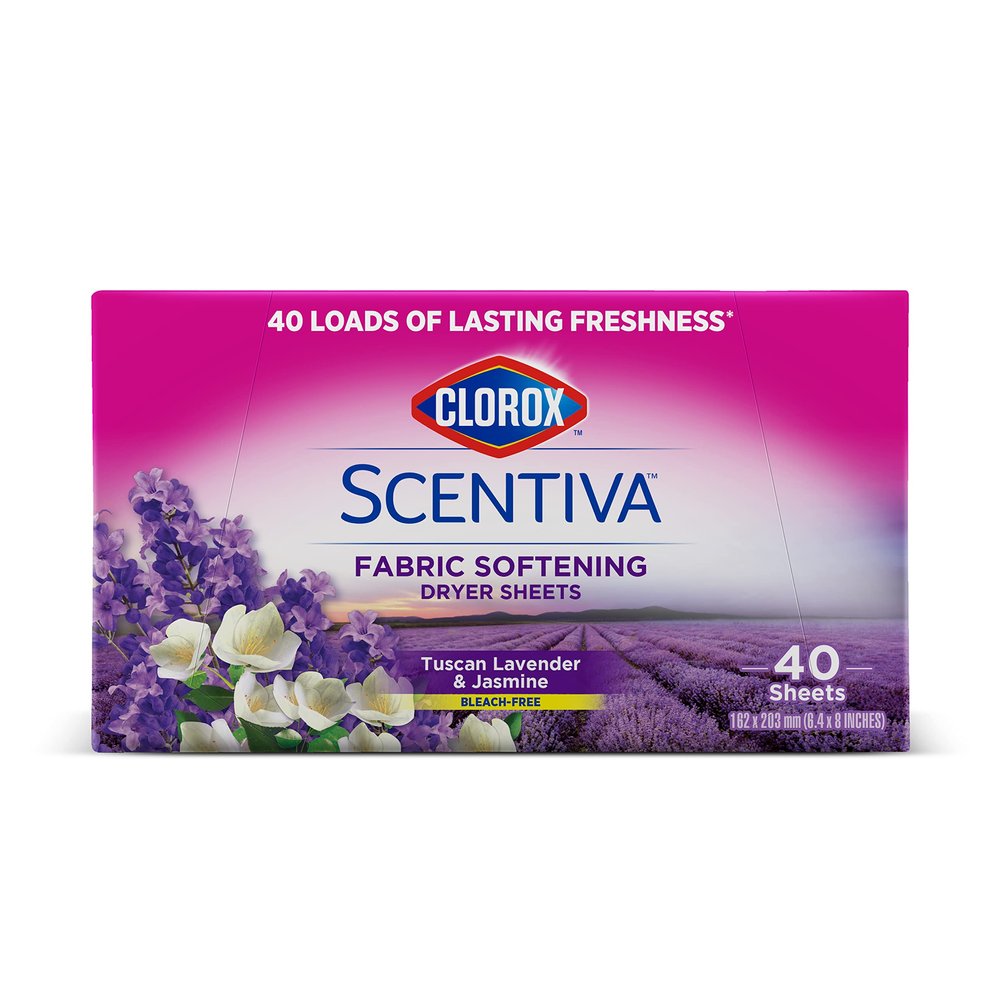 Clorox Scentiva Fabric Softener Dryer Sheets, Tuscan Lavender & Jasmine Scent - Wrinkle Reducing Scented Softening Laundry Dryer Sheets for Great Smelling Clothes, 40 Count