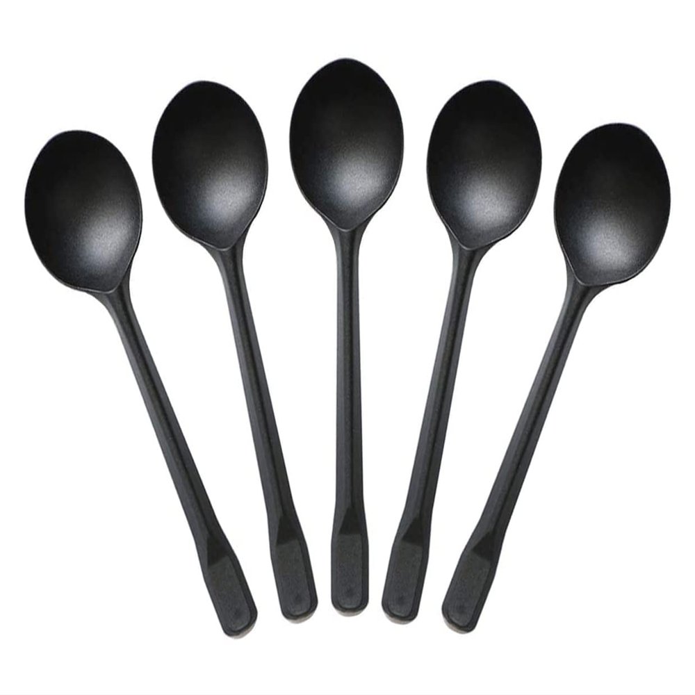 OBTANIM 100 Pack large Disposable Plastic Spoons Heavy Weight Individual Wrapped Teaspoons for Soup Dessert Ice Cream (Black, 6 Inches)