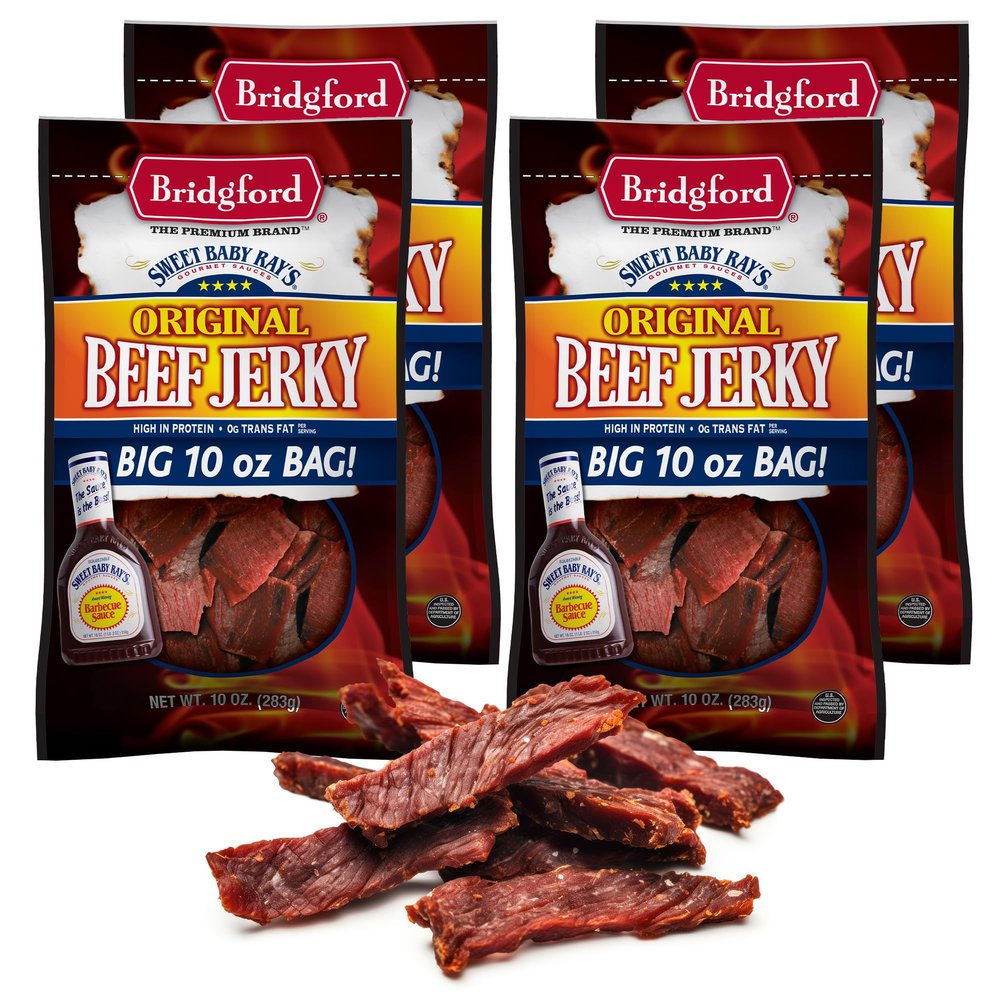 Bridgford Sweet Baby Ray's Beef Jerky Original 10 oz Pack of 4 - High Protein Healthy Snacks for Your Dietary Preferences - Ready-to-Eat Beef Jerky for On-The-Go Snacking and Busy Lifestyles