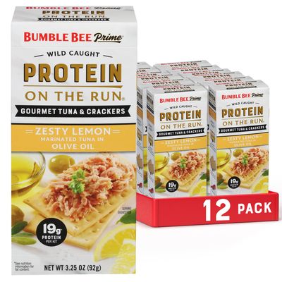 Bumble Bee Prime Protein on the Run Tuna Snack Kit, Pack of 12 - Gourmet Tuna Marinated in Olive Oil & Zesty Lemon with Crackers and Serving Utensil - 19g of Protein Per Serving