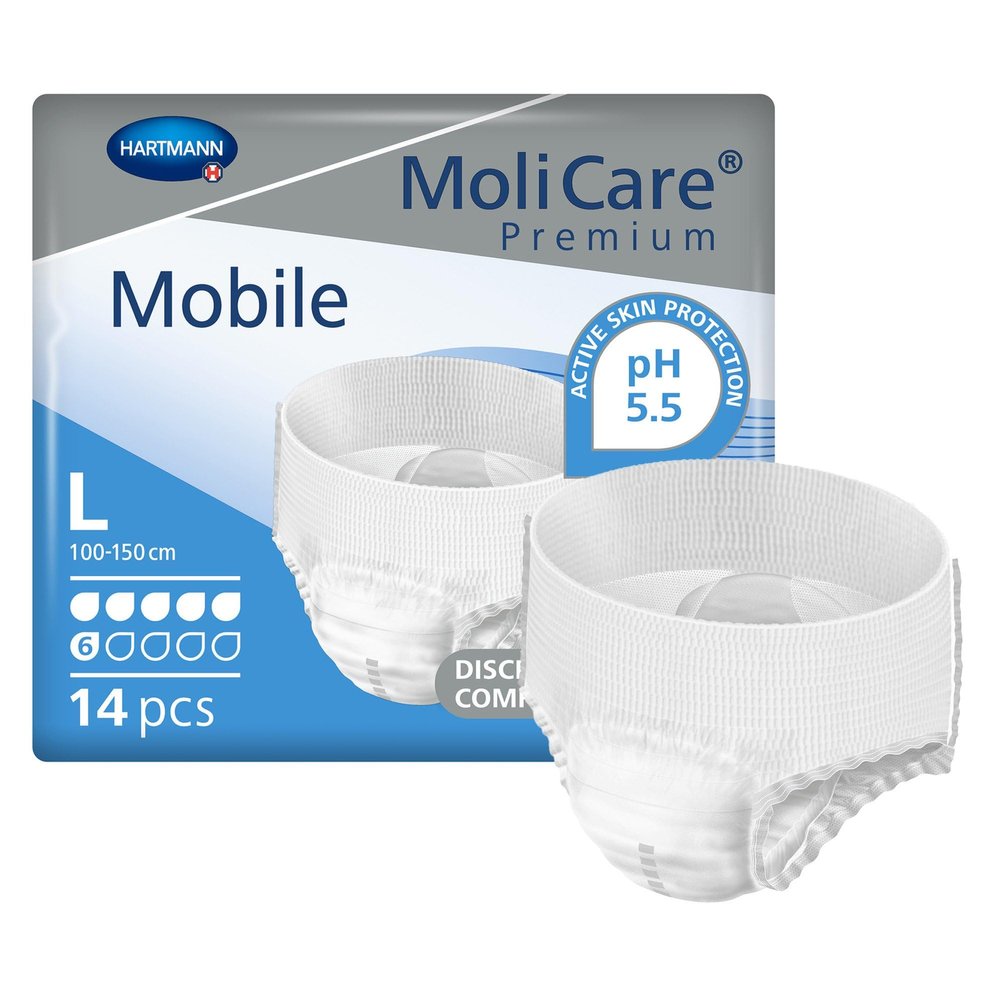 MoliCare Premium Mobile 6D Incontinence Underwear for Adults - Disposable, Discreet, Unisex, Moderate Absorbency - Size Large, Fits 39 in to 59 in Waist/Hips, 14 Count