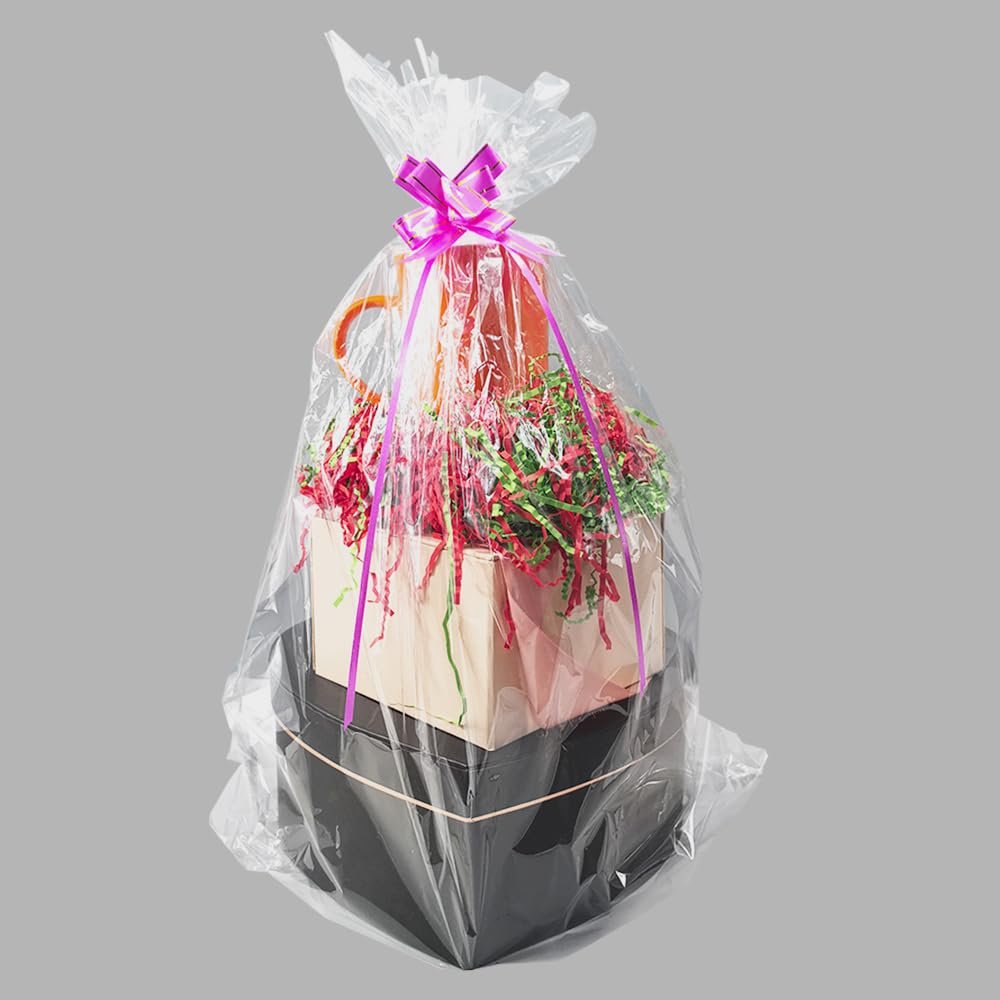 Amsthow 20CT Gift Basket Wrap 18 x 25-inch Clear Basket Cellophane Plastic Wrap Clear Goodie Treat Bags with Bows for Favors Fruit Bridal Shower