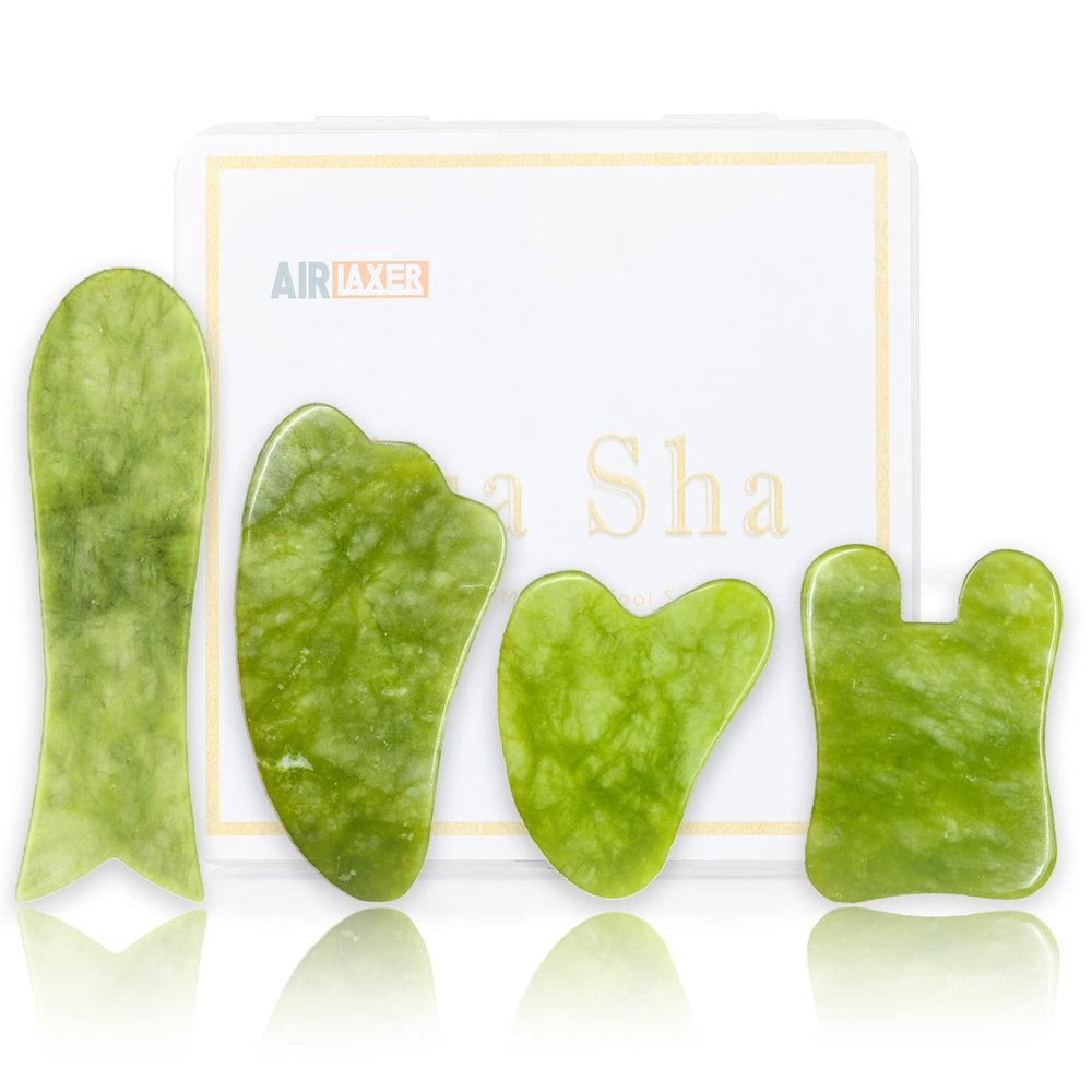 AIRLAXER Gua Sha Facial Tools Set,Guasha Massage Kit for Face and Body,Scraping Massage Board 4-Piece Set Physical Therapy,Gusha Jade Stone Also be Used on The Chin,Neck and Back. (Grass Green)