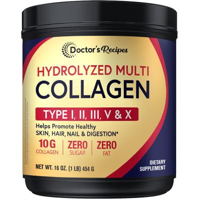 Doctor's Recipes Multi Collagen Peptides Powder for Women & Men, Grass-Fed Bovine Hydrolyzed Protein Type I II III V X, for Skin, Hair, Nails, Unflavored, Easy to Dissolve, Paleo & Keto, 16oz