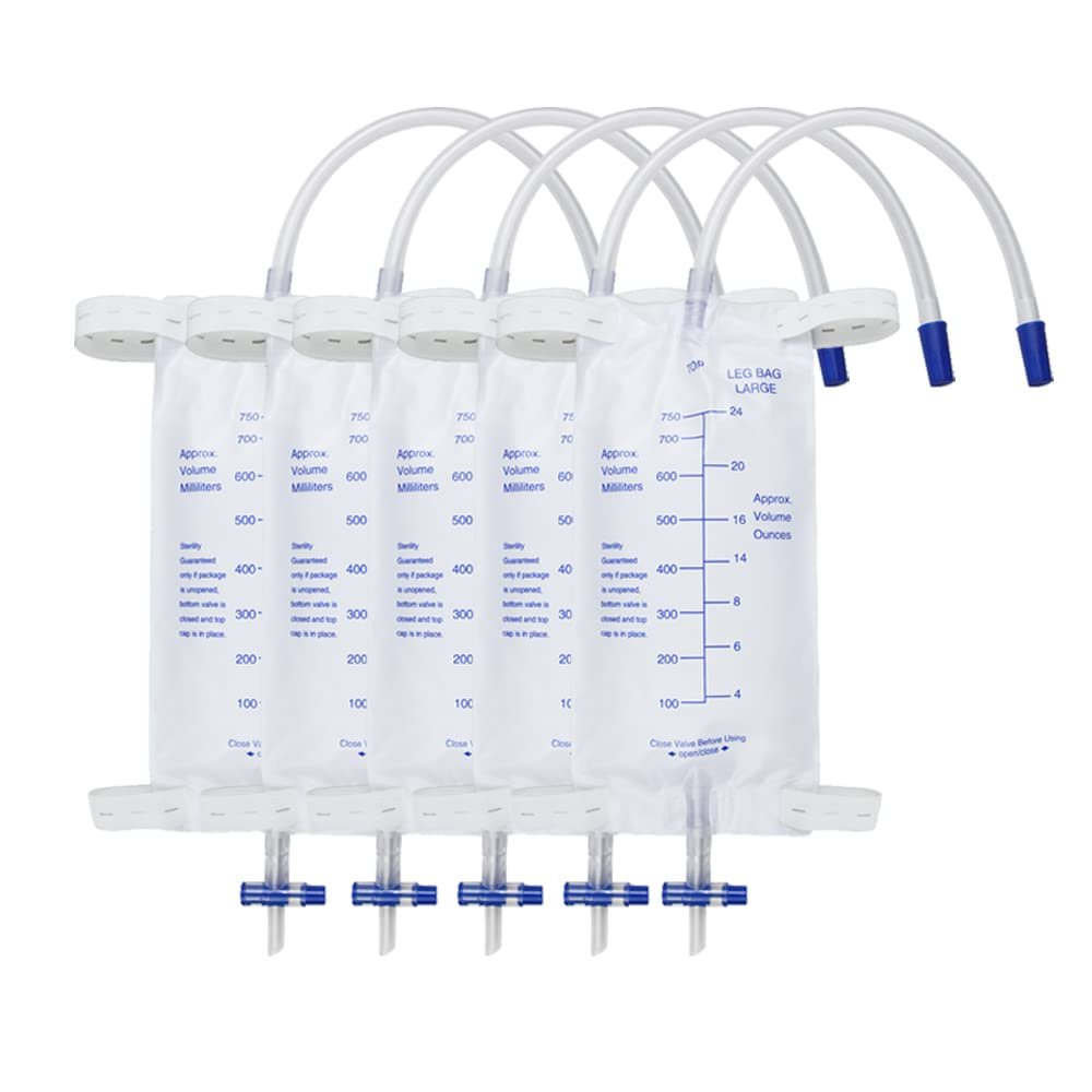 5 Pack 750ml Leg Bag Urinary Drainage Bag, Urine Collection Bag Drain Bag with 2 Straps, Anti-Reflux Valve