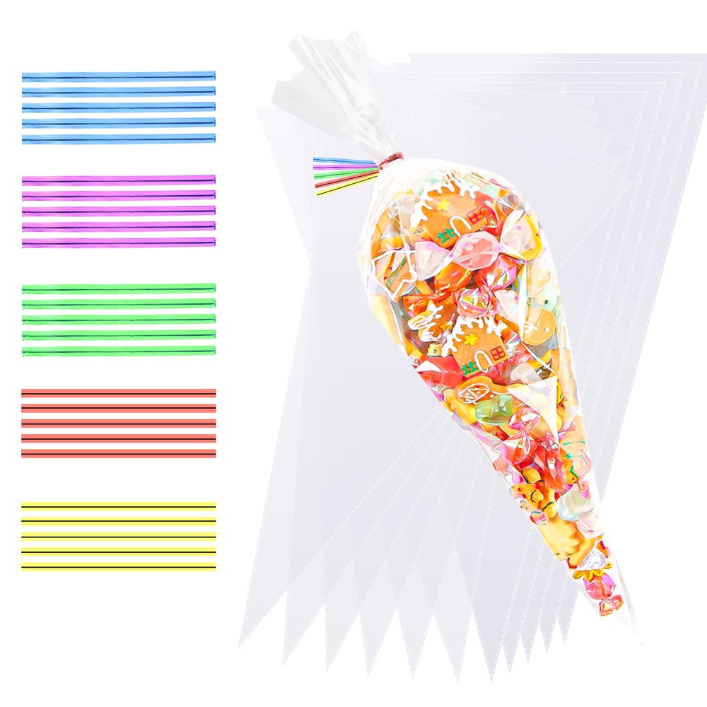 LOMIMOS 150pcs 5X10in Cone Shaped Cellophane Treat Bags,Clear Triangle Plastic Cello Goody Bags with Twist Ties for Handmade Bakery Popcorn Cookie Dessert Festival Party Favor