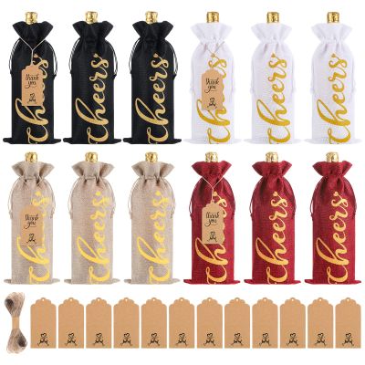 12 Pack Christmas Burlap Linen Wine Bags Wine Wrapping Bags with Drawstring Wine Bags for Wine Bottles Cover for Christmas Wedding Birthday Holiday Party Supplies(Multicolored with Gold Letter)