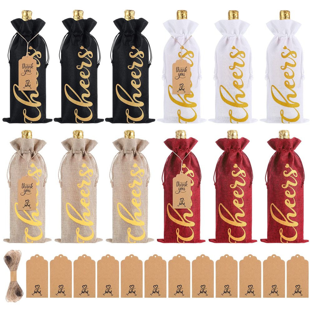 12 Pack Christmas Burlap Linen Wine Bags Wine Wrapping Bags with Drawstring Wine Bags for Wine Bottles Cover for Christmas Wedding Birthday Holiday Party Supplies(Multicolored with Gold Letter)