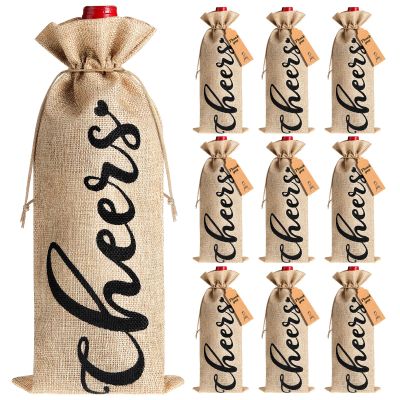 12 Pack Christmas Burlap Linen Wine Bags Wine Wrapping Bags with Drawstring Wine Bags for Wine Bottles Cover for Christmas Wedding Birthday Holiday Party Supplies(Linen Color with Black Letter)