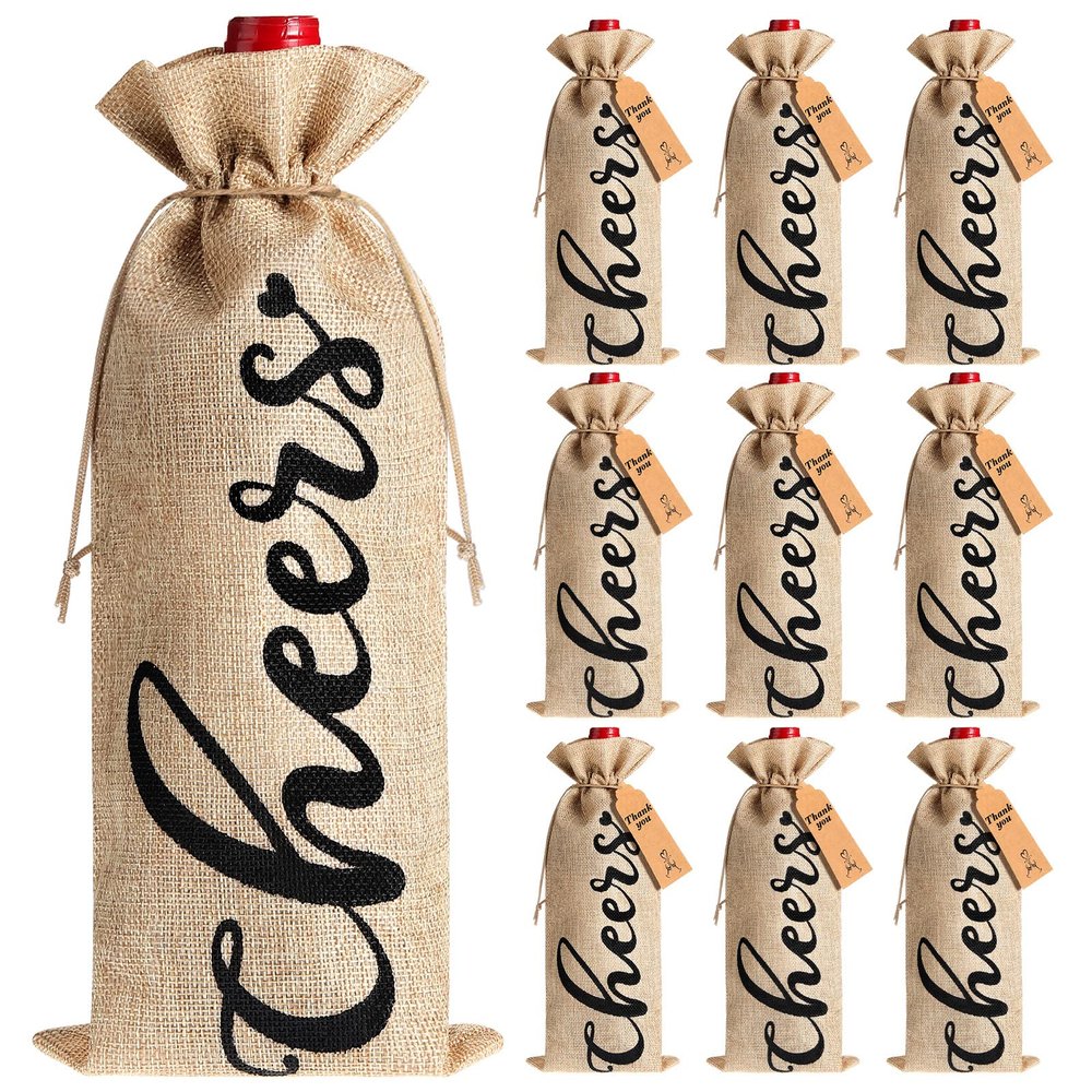 12 Pack Christmas Burlap Linen Wine Bags Wine Wrapping Bags with Drawstring Wine Bags for Wine Bottles Cover for Christmas Wedding Birthday Holiday Party Supplies(Linen Color with Black Letter)