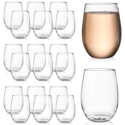 Tebery 20 Pack Unbreakable Plastic Wine Glasses Stemless, 16 Oz Clear Drinking Glasses Wine Cups, Disposable & Reusable for Champagne, Dessert, Food Samples, Catering, Weddings