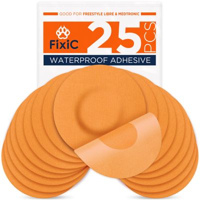 Fixic Freestyle Adhesive Patch 25 PCS  Good for Libre 1, 2, 3 & Plus  Enlite  Guardian  NO Glue in The Center of The Patch  Pre-Cut Back Paper  Long Fixation for Your Sensor! (Orange)