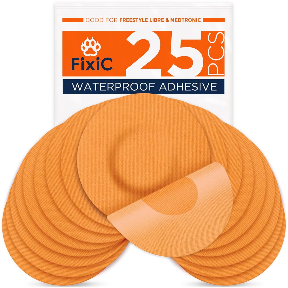 Fixic Freestyle Adhesive Patch 25 PCS  Good for Libre 1, 2, 3 & Plus  Enlite  Guardian  NO Glue in The Center of The Patch  Pre-Cut Back Paper  Long Fixation for Your Sensor! (Orange)