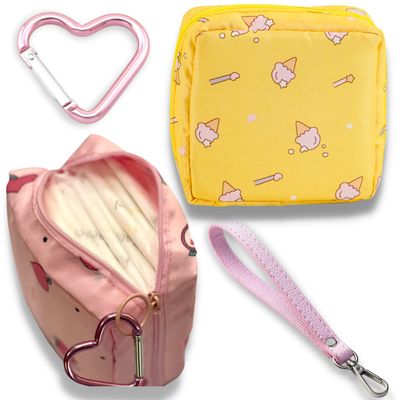 Adorable Pink Peri - Reusable Sanitary Napkin Pads Storage Bag Portable for Women Girls | Made of Nylon Water Resistance Reusable | Zero Waste Period (Icecream + Peach)