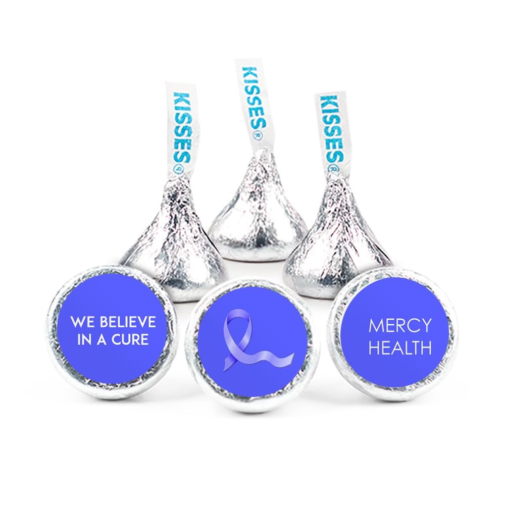 200ct Blue Ribbon Stomach Cancer Awareness Promotional Items Personalized Kisses, Candy Included (200Pcs)