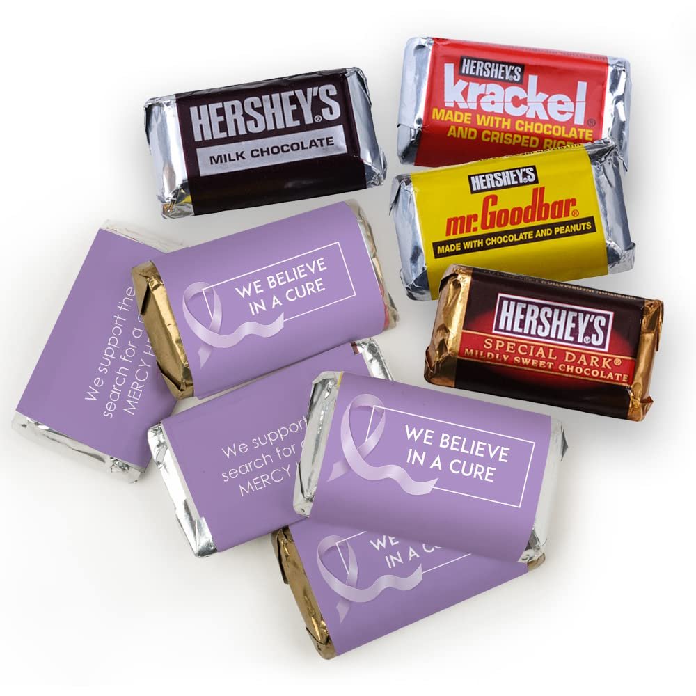 75ct Lavender Ribbon Cancer Awareness Promotional Products Personalized Wrapped Miniatures Chocolate Bars, Candy Included (75Pcs)