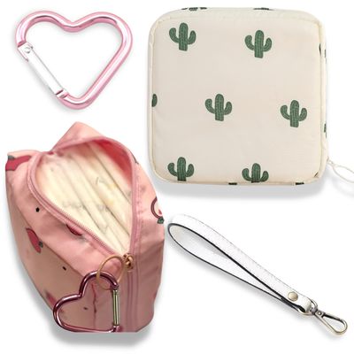 Adorable Pink Peri - Reusable Sanitary Napkin Pads Storage Bag Portable for Women Girls | Made of Nylon + Water Resistance | Zero Waste Period (2-Pack Peach + Cactus)