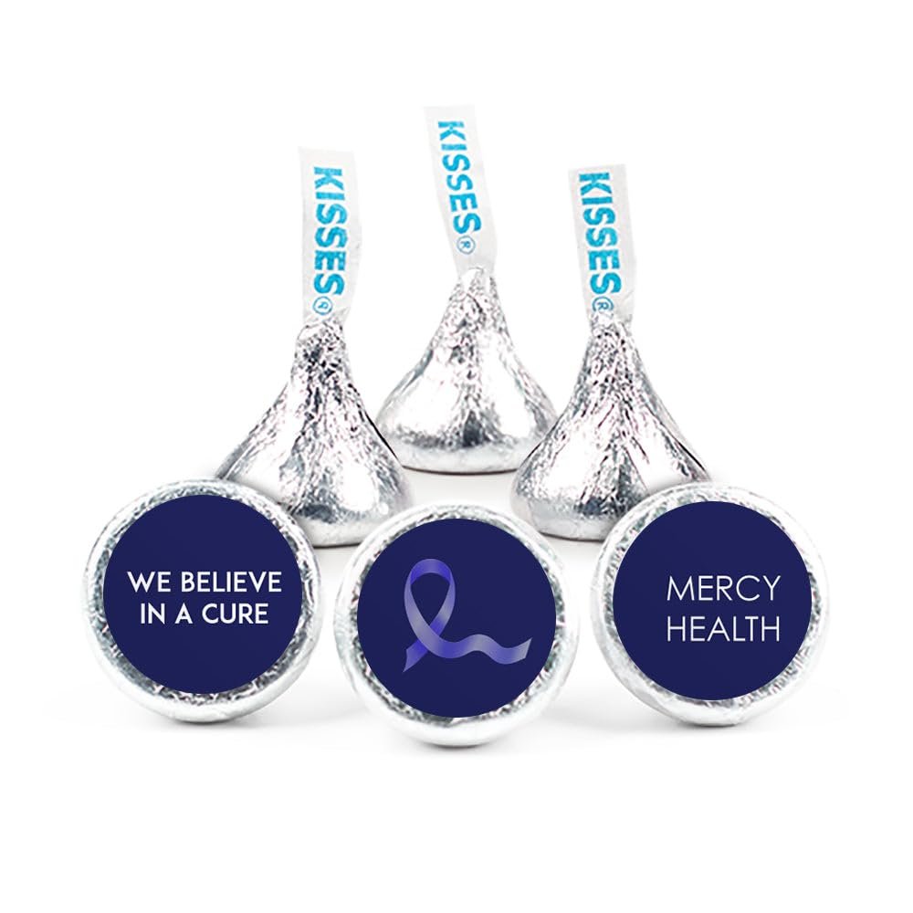 200ct Dark Blue Ribbon Colon Cancer Awareness Promotional Items Personalized Kisses, Candy Included (200Pcs)