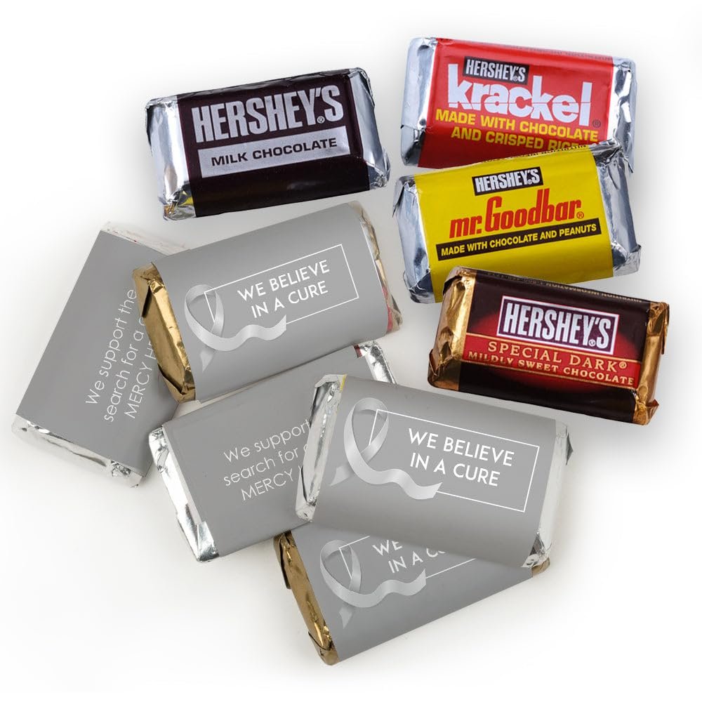 75ct Grey Ribbon Brain Cancer Awareness Promotional Products Personalized Wrapped Miniatures Chocolate Bars, Candy Included (75Pcs)