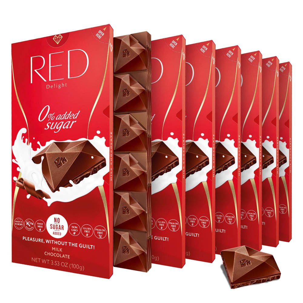 Red Delight Milk Chocolate Bars - 3.53 oz, Pack of 8 - Low Carb, Kosher, No Added Sugar Snack - Gluten-Free Vegan European Treat with Smooth, Creamy Texture for Gifting & Snacking