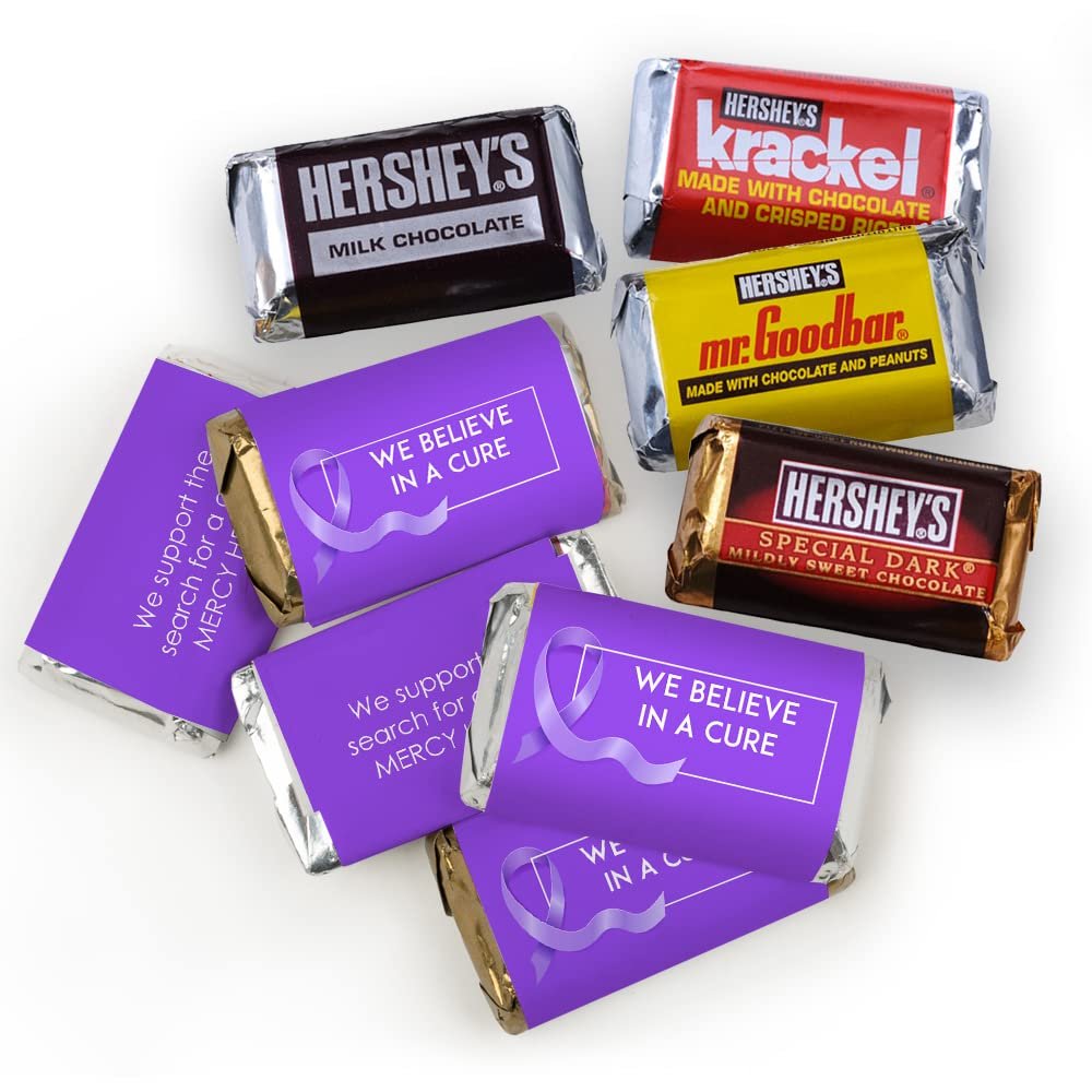 75ct Purple Ribbon Pancreatic Cancer Awareness Promotional Products Personalized Wrapped Miniatures Chocolate Bars, Candy Included (75Pcs)