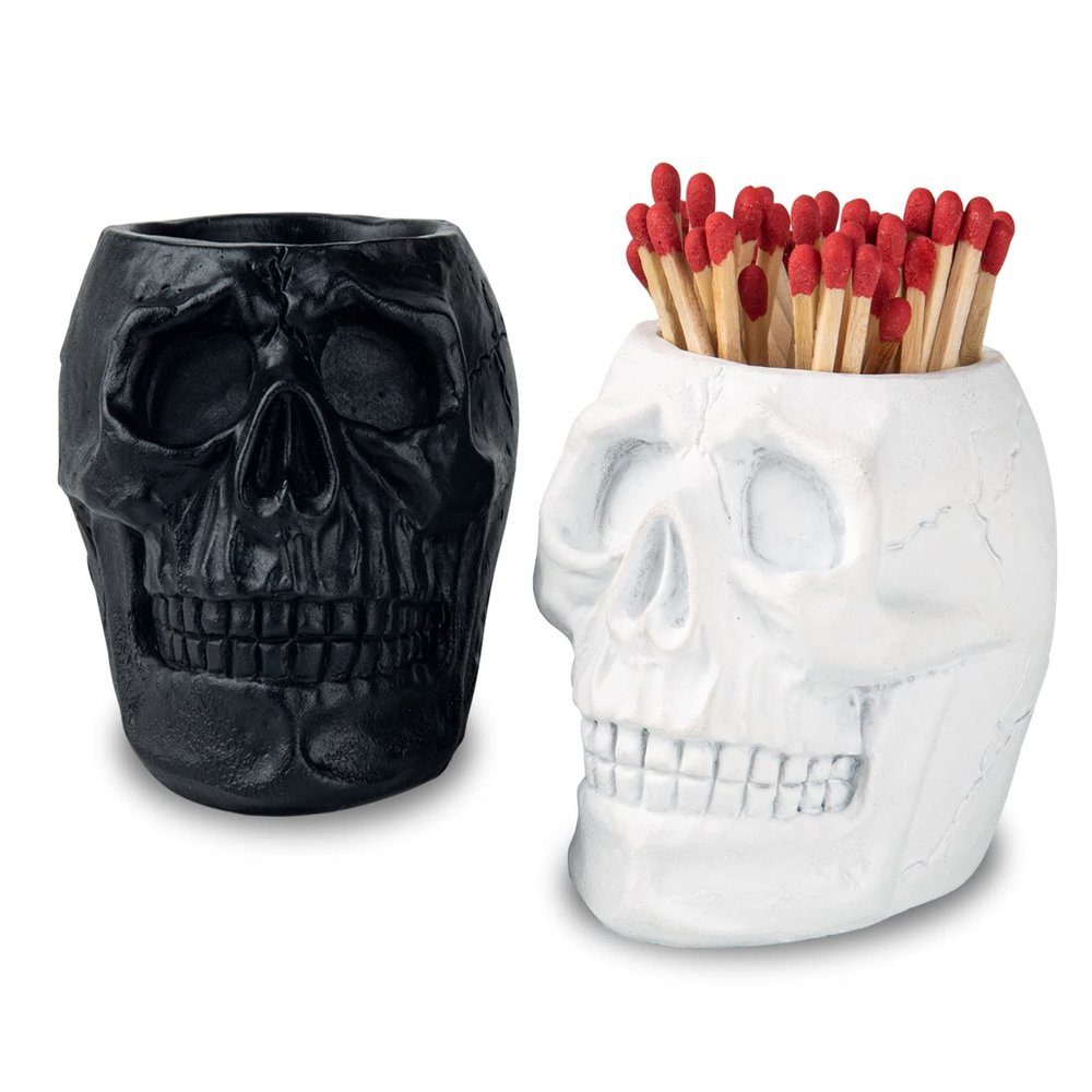 dgudgu Match Holder With Striker White and Black Skull Match Cloche Matches In A Jar With Striker Match Striker Jar Matches Decorative For Men Gift Boy Friend Gift