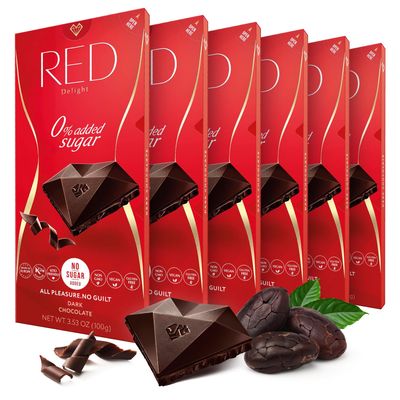 Red Delight Dark Chocolate Bars - 3.53 oz, Pack of 6 - Full-Size Keto-Friendly - Low Carb, Kosher, Gluten-Free, No Added Sugar - Smooth, Creamy Vegan Chocolate from Europe
