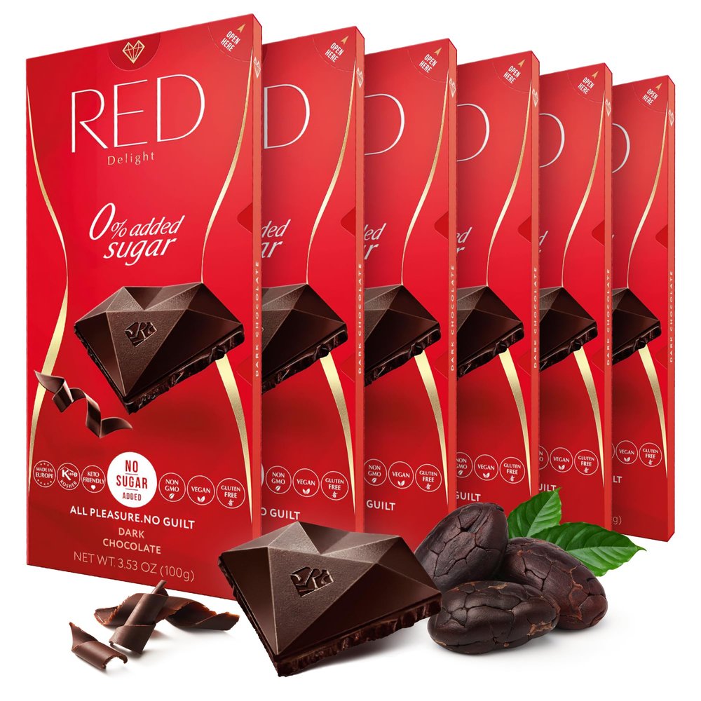 Red Delight Dark Chocolate Bars - 3.53 oz, Pack of 6 - Full-Size Keto-Friendly - Low Carb, Kosher, Gluten-Free, No Added Sugar - Smooth, Creamy Vegan Chocolate from Europe