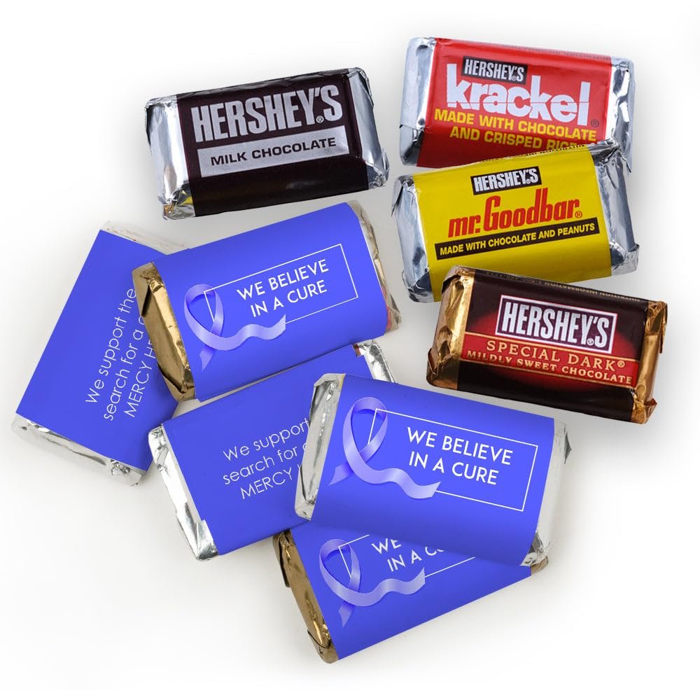 75ct Blue Ribbon Stomach Cancer Awareness Promotional Products Personalized Wrapped Miniatures Chocolate Bars, Candy Included (75Pcs)