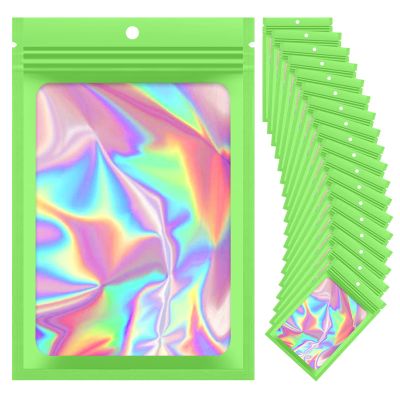 100 Pieces Resealable Mylar Bags, Small Holographic Packaging Bags, Smell Proof Mylar Bags for Food Storage/Jewelry/Eyelash for Small Business (Green, 3x4.7 Inch)