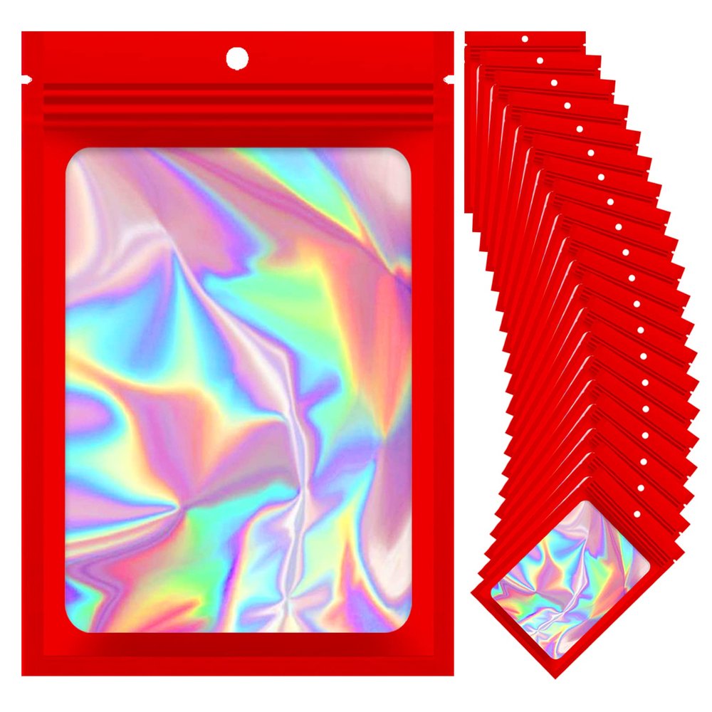100 Pieces Resealable Mylar Bags, Small Holographic Packaging Bags, Smell Proof Mylar Bags for Food Storage/Jewelry/Eyelash for Small Business (Red, 3x4.7 Inch)
