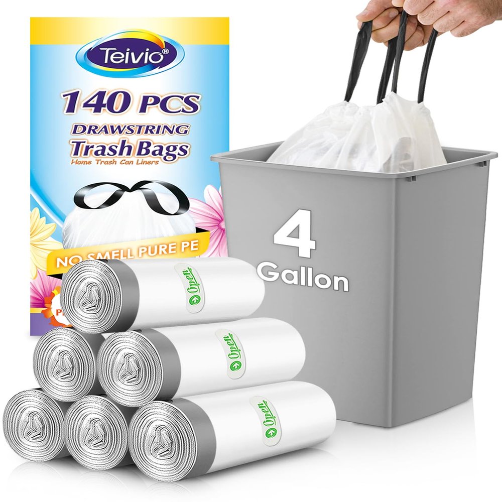 4 Gallon 140 Counts Strong Drawstring Trash Bags Garbage Bags by Teivio, Bathroom Trash Can Bin Liners, Small Plastic Bags for home office kitchen, White