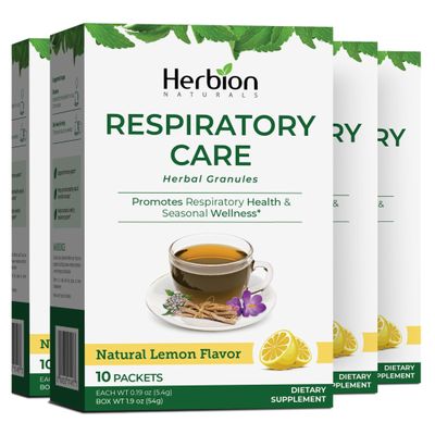 HERBION Naturals Respiratory Care Herbal Granules, Natural Lemon Flavor, Soothing Hot Drink, Promotes Respiratory Health & Seasonal Wellness, 40 Count, (Pack of 4)