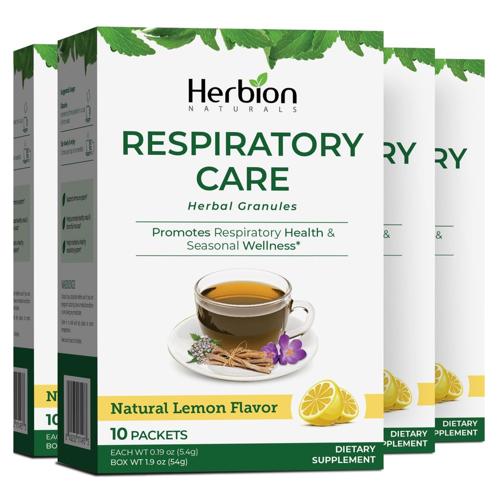 HERBION Naturals Respiratory Care Herbal Granules, Natural Lemon Flavor, Soothing Hot Drink, Promotes Respiratory Health & Seasonal Wellness, 40 Count, (Pack of 4)