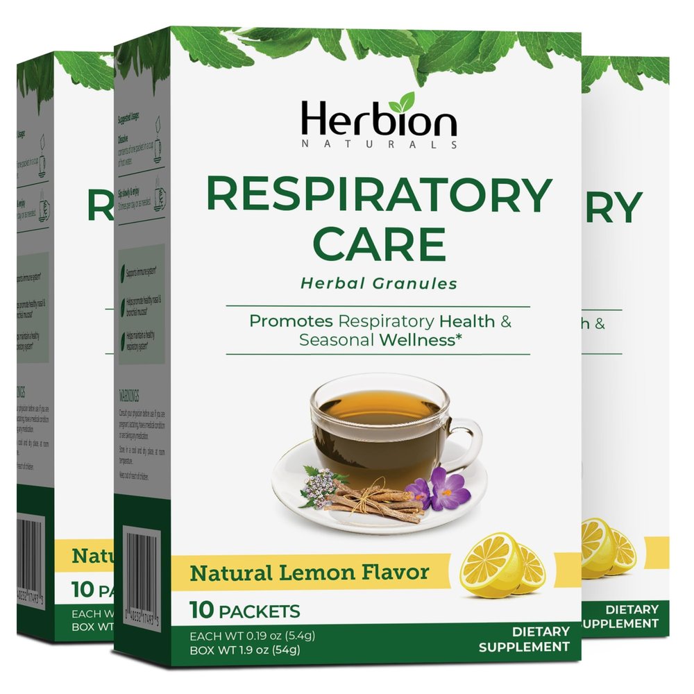 HERBION Naturals Respiratory Care Herbal Granules, Natural Lemon Flavor, Soothing Hot Drink, Promotes Respiratory Health & Seasonal Wellness, 30 Count, Pack of 3