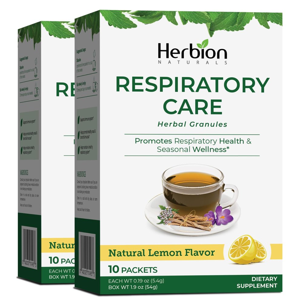HERBION Naturals Respiratory Care Herbal Granules, Natural Lemon Flavor, Soothing Hot Drink, Promotes Respiratory Health & Seasonal Wellness, 20 Count (Pack of 2)
