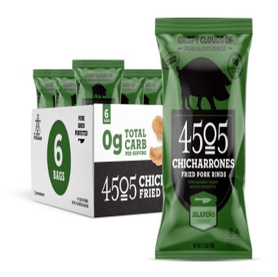 4505 Meats, Jalapeno Cheddar Chicharrones, Fried Pork Rinds, 2.5 Ounce Bags (Pack of 6) Single Serve Size - Keto Certified, Low Net Carb, Humanely Raised All-Natural Pork, Paleo and Naturally Gluten Free