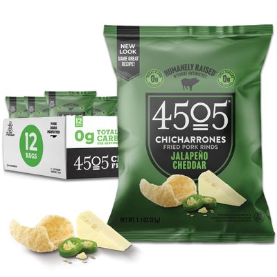 4505 Jalapeno Cheddar Seasoned Chicharrones, Fried Pork Rinds - Jalapeno Cheddar Flavored Pork Skins - Low Carb, Gluten-Free, Protein Snack - 1.1oz (Pack of 12)