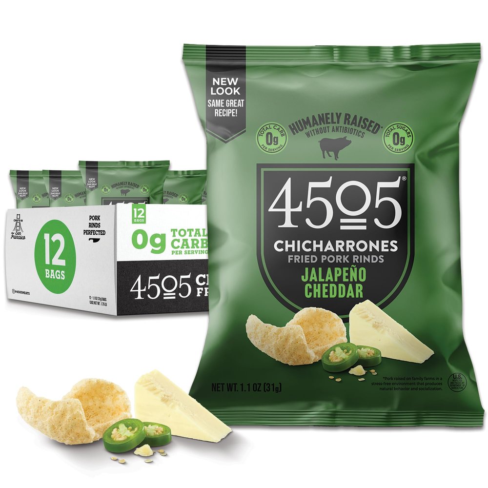 4505 Jalapeno Cheddar Seasoned Chicharrones, Fried Pork Rinds - Jalapeno Cheddar Flavored Pork Skins - Low Carb, Gluten-Free, Protein Snack - 1.1oz (Pack of 12)