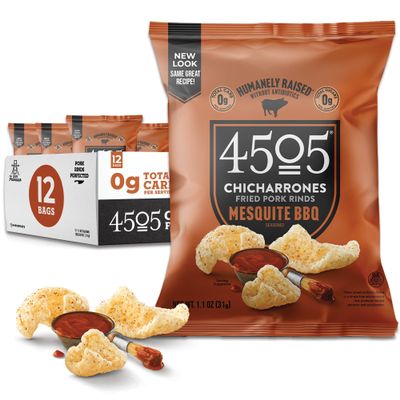 4505 BBQ Seasoned Chicharrones, Fried Pork Rinds - Barbeque Flavored Pork Skins - Low Carb, Gluten-Free, Protein Snack - 1.1oz (Pack of 12)