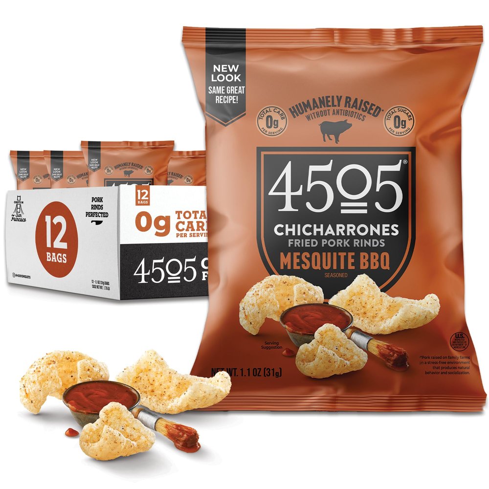 4505 BBQ Seasoned Chicharrones, Fried Pork Rinds - Barbeque Flavored Pork Skins - Low Carb, Gluten-Free, Protein Snack - 1.1oz (Pack of 12)