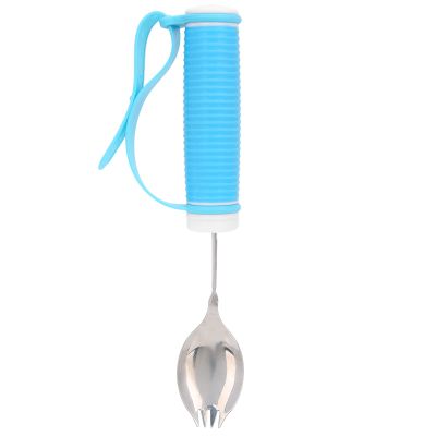 Adaptive Utensils, 2 in 1 Spoons Forks Arthritis Aid Silverware Stainless Steel Flatware Adjustable Strap Non Slip Wide Handles for Elderly Weak Hand Tremors Handicapped Weakness Independent Eating