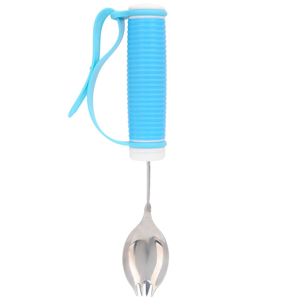 Adaptive Utensils, 2 in 1 Spoons Forks Arthritis Aid Silverware Stainless Steel Flatware Adjustable Strap Non Slip Wide Handles for Elderly Weak Hand Tremors Handicapped Weakness Independent Eating