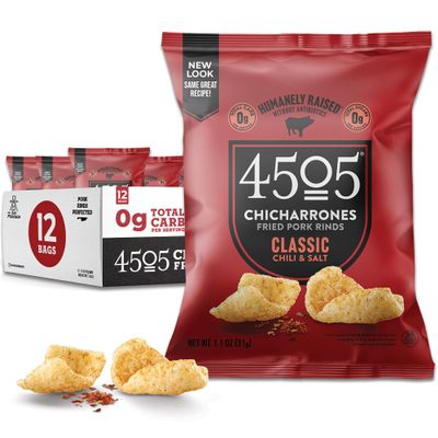 4505 Chicharrones Fried Pork Rinds - Flavored Pork Skins - Low Carb, Gluten-Free, Protein Snack (Classic Chili & Salt)