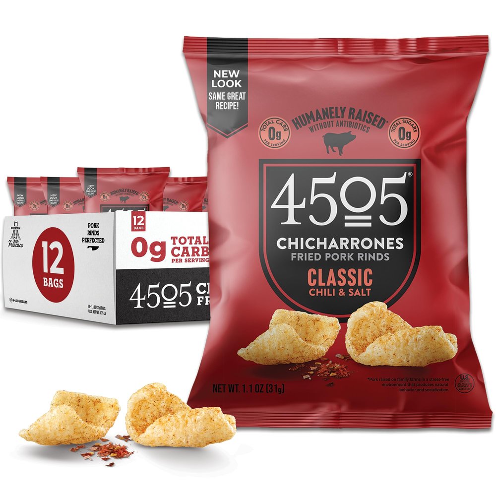 4505 Chicharrones Fried Pork Rinds - Flavored Pork Skins - Low Carb, Gluten-Free, Protein Snack (Classic Chili & Salt)