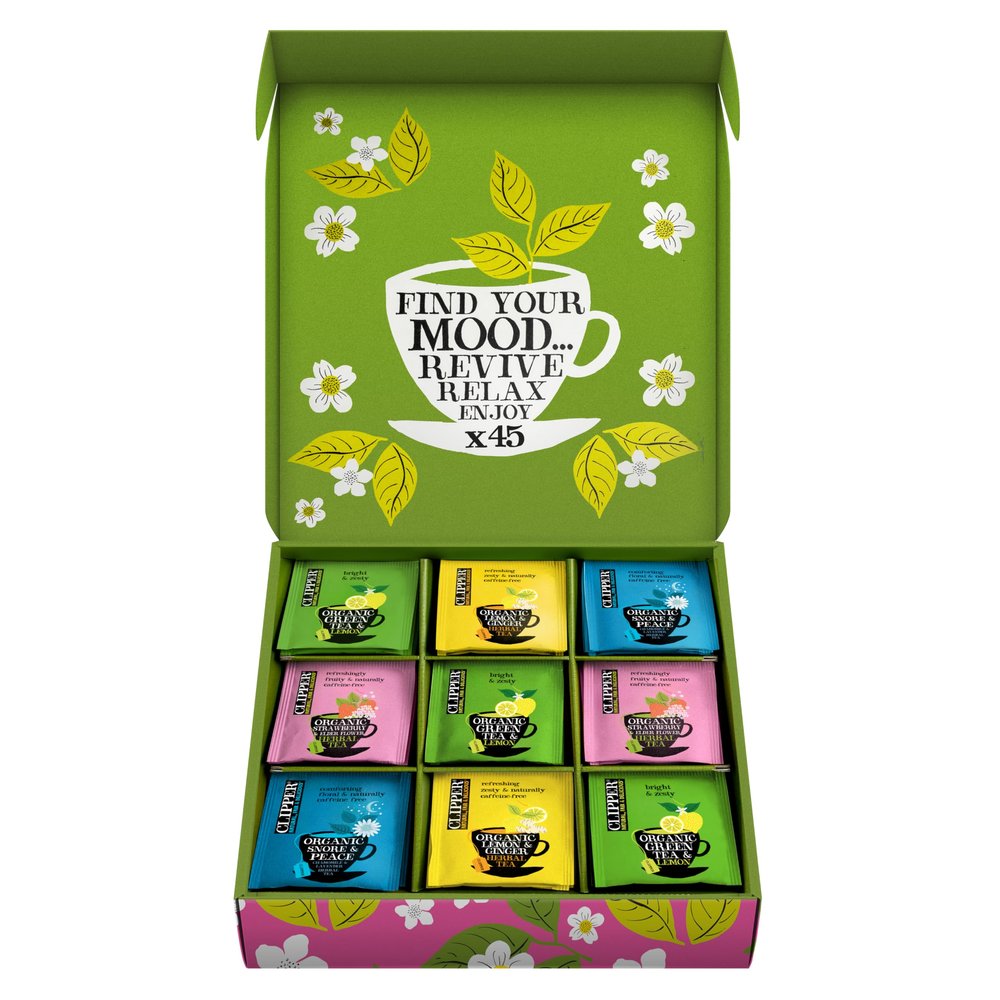 Clipper Tea: Organic Herbal & Green Tea Set, Gift Box Tea Selection & Sampler with 5 Flavors Including Lemon, Ginger, and Bedtime Teas Assorted Tea Bags in Colorful Tea Box, 45 Unbleached Tea Bags