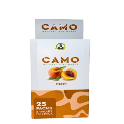 Afghan Natural Leaf Wraps Camo Sealed Box - 125 (25 x 5) Leaf Wraps per Box - (Peach) with an Official Camo Cones Sticker