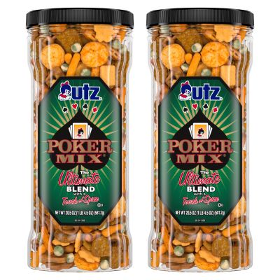 Utz Poker Mix 20.5 oz. Barrel (2 Count) Crunchy Snack Mix with a Touch of Spice, Perfect Party Snacks Resealable Container - Cholesterol Free and Trans-Fat Free