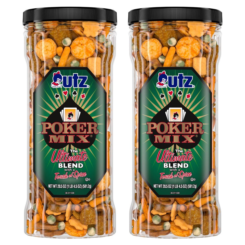 Utz Poker Mix  20.5 oz. Barrel (2 Count)  Crunchy Snack Mix with a Touch of Spice, Perfect Party Snacks  Resealable Container - Cholesterol Free and Trans-Fat Free