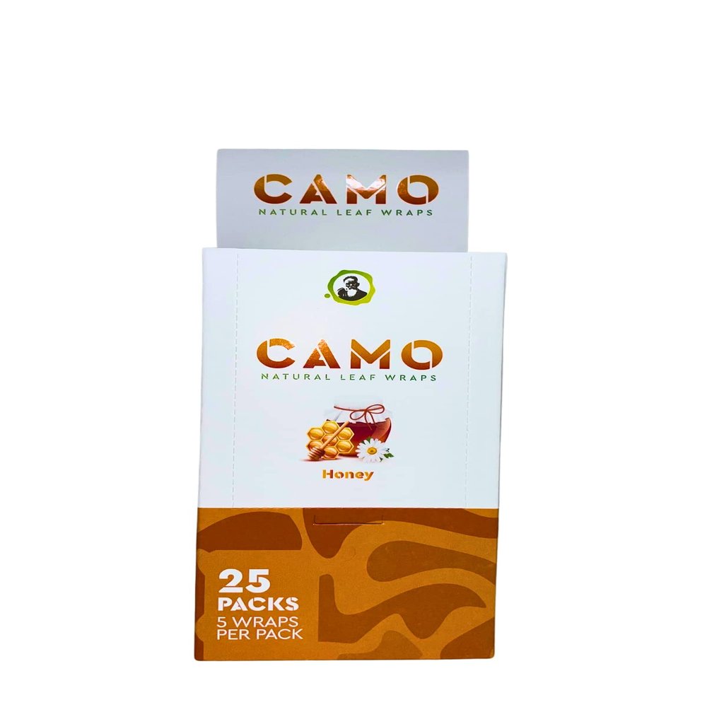 Afghan Natural Leaf Wraps Camo Sealed Box - 125 (25 x 5) Leaf Wraps per Box - (Honey) with an Official Camo Cones Sticker